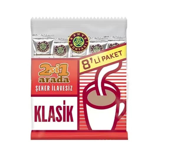 Kahve Dunyasi 2 в 1: классический растворимый кофе, упаковка из 8 пакетиков.