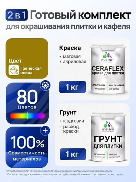 Комплект Malare LIPPO для окрашивания плитки и кафеля (1кг грунт + 1 кг краска), акриловый, без запаха, быстросохнущий, матовый, цвет греческая олива
