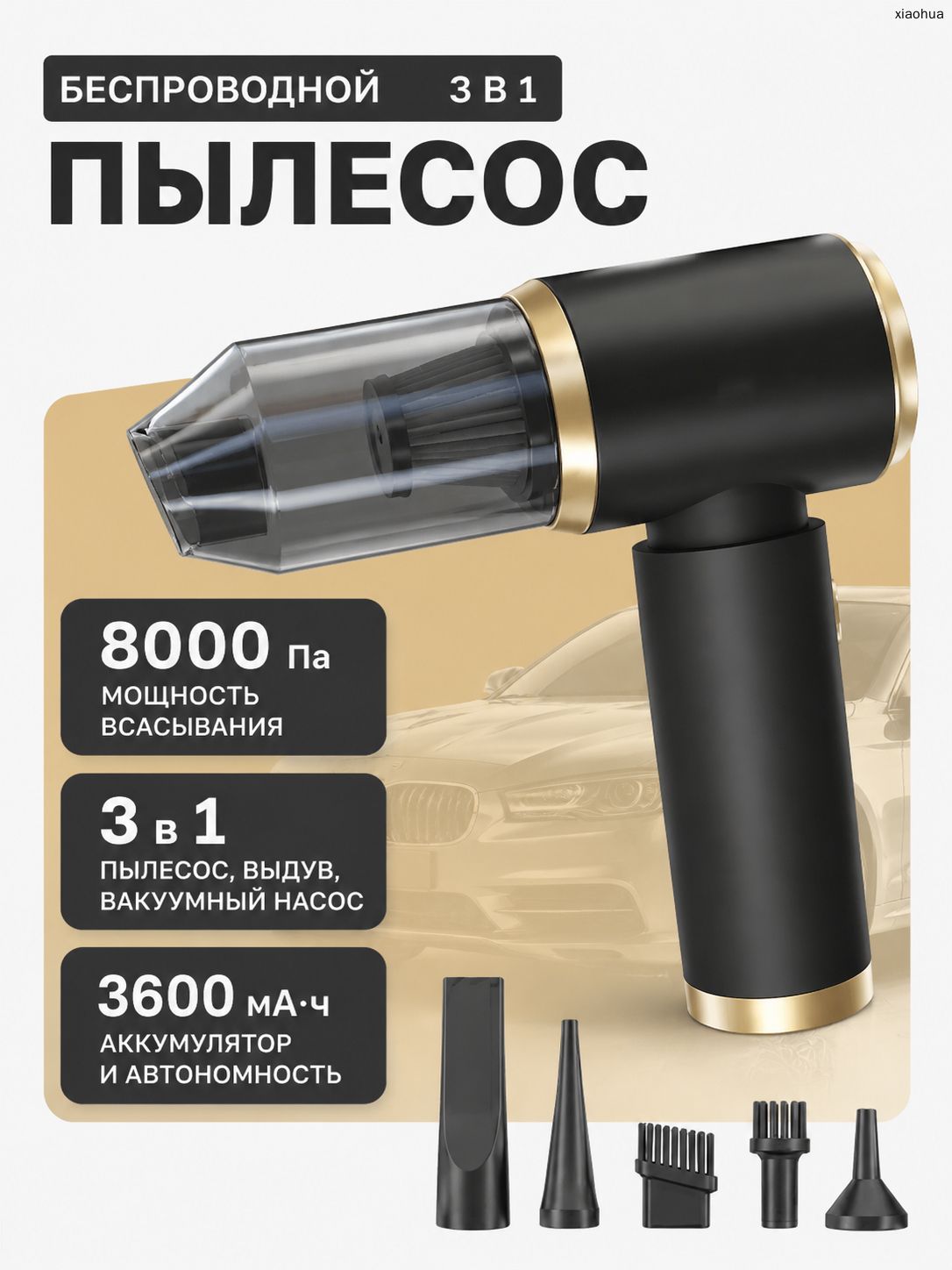 Пылесос автомобильный беспроводной , ручной мини пылесос для дома и машины, 8000Па