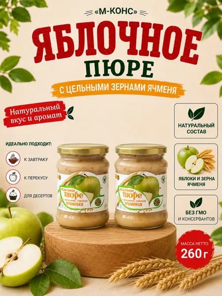 Яблочное пюре с цельными зернами ячменя Мичуринское, 2 шт. по 260 г