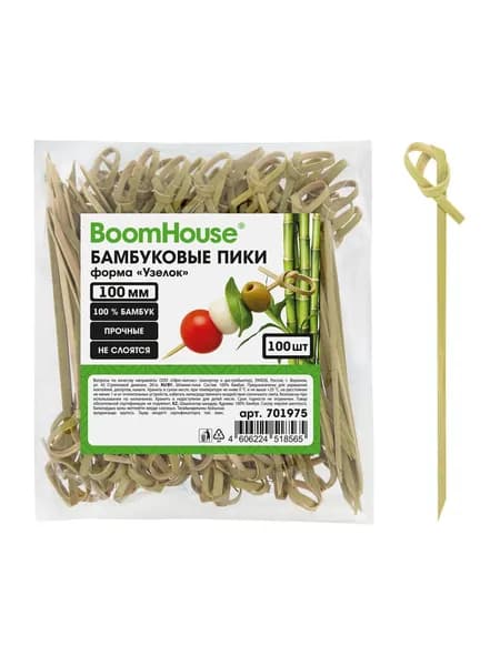 Шпажки для канапе бамбуковые, палочки деревянные для закусок, пика узелок 10 см, набор 100 штук, BoomHouse