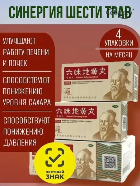 Лю Вэй Ди Хуан Вань, 4упаковки (по 200 пилюль), для почек, Формула Пяти Элементов 0841