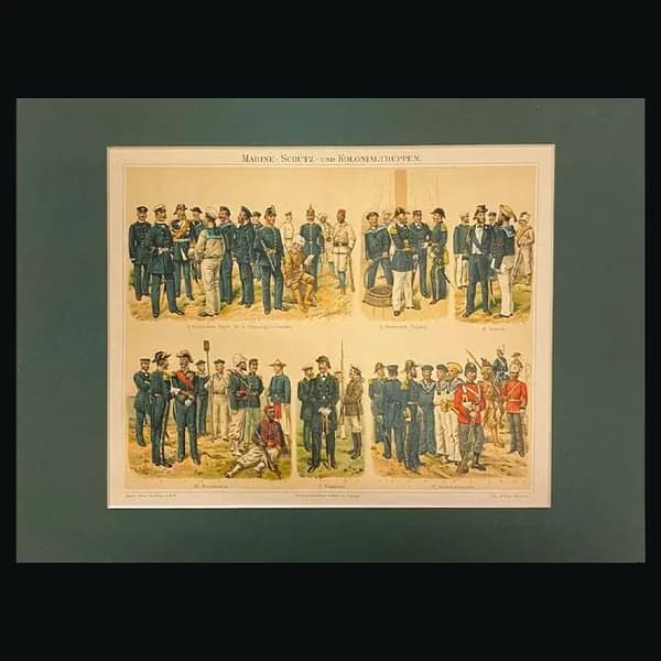 Антикварная гравюра 1895г. Флот и колониальные войска. Униформа.