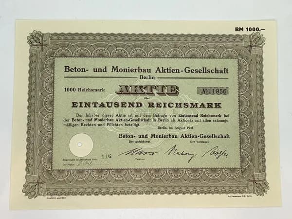 Акция Германия. Производство бетона, Berlin, 1000 рейхсмарок 1941 год №34