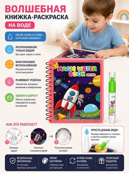 Водная раскраска многоразовая для малышей 1-3 года, набор рисования водой без красок, развивает внимание и цветовосприятие, не пачкает руки, подарок мальчика девочки, 1 компл.