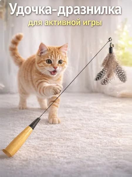 Игрушка для кошек удочка-дразнилка с перьями интерактивная палочка для активной игры котят и кошек