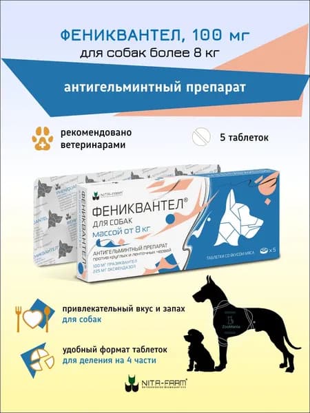 Фениквантел 100мг от гельминтов для собак более 8 кг, таблетки №5 со вкусом мяса
