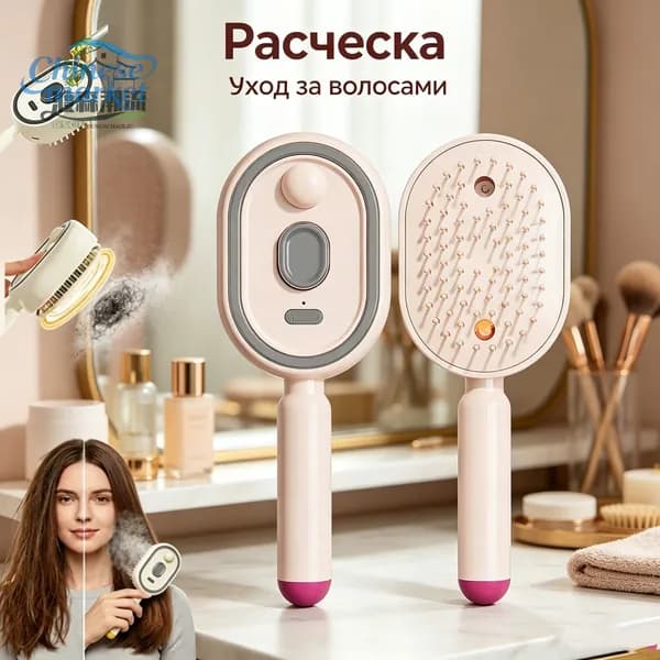 Электрический массажный гребень с распылением, для ухода маслами, антистатический, красным светом, розовый