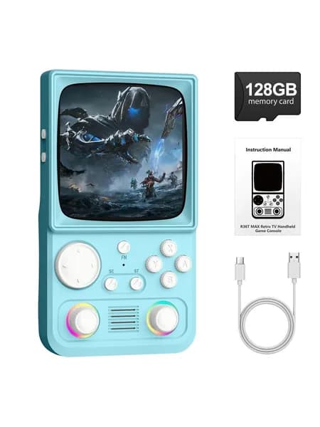 AISLPC игроваЯ консоль портативнаЯ R36T MAX, 4,0-дюймовый ЭЛТ-экран в стиле ретро, 4000 мАч,128G, поддержка Wi-Fi,светло-голубой