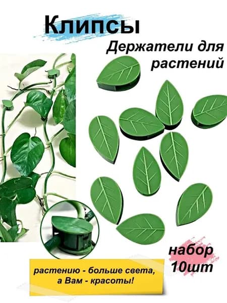 Клипсы на стену для домашних растений листья 10шт, настенные самоклеющиеся фиксаторы для цветов, подвязка для вьюнов и плющей. Цветочные опоры - листики. Держатели для комнатной и садовой.