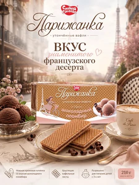Вафли "Парижанка" Шоколадный пломбир 210 гр / разрешено для питания детей с 3х лет / Сладкая слобода