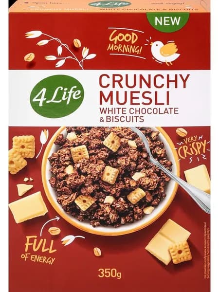 Мюсли хрустящие 4 LIFE с белым шоколадом и печеньем 350г