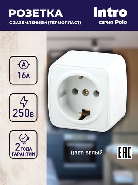 Розетка с заземлением Intro 3-202-01 Polo 16А-250В белый
