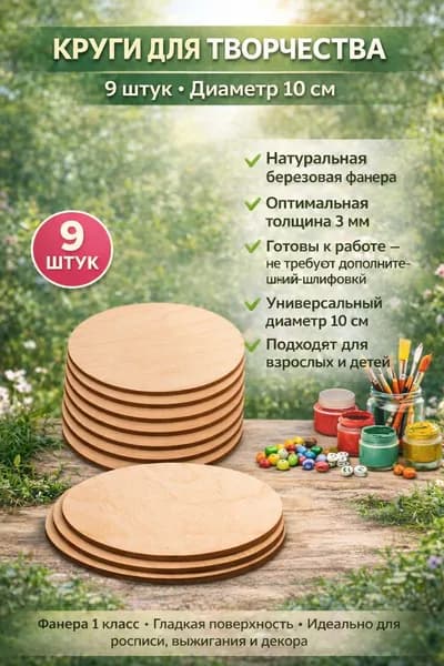 Круги из фанеры доски 10 см набор 9 шт деревянные заготовки для творчества росписи выжигания и декупажа
