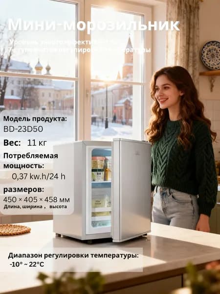 Морозильная камера Морозильник 23 л для дома, 2 выдвижных контейнера, прозрачный, светло-коричневый