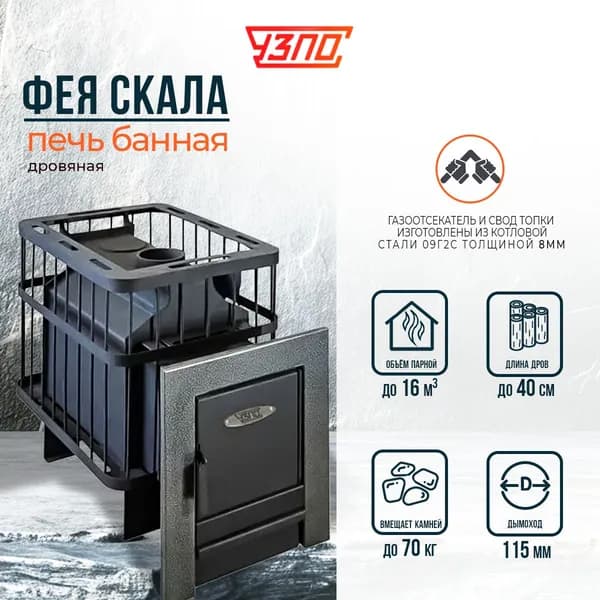 Дровяная банная печь Фея Скала черный матовый 16 куб