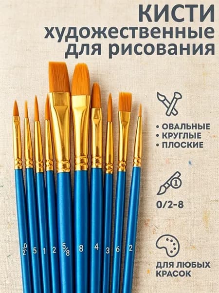 Набор кистей для рисования Круглая, Плоская  № 2/0, 2, 10 шт.