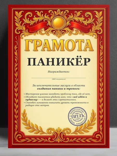 Прикольная грамота, диплом для друга - Паникёр