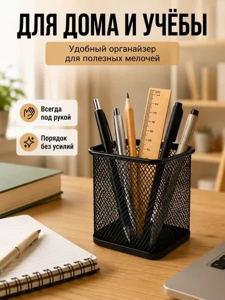 Стакан-подставка, органайзер для канцелярии, настольный , металлический, черный