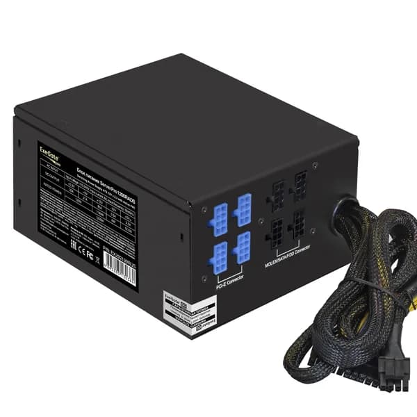 Серверный блок питания1200W ExeGate EX292199RUS ServerPRO-1200RADS (ATX, for 3U+ cases, КПД 82% (80 PLUS), 14cm fan, 24pin, 2(4+4)pin, 6xPCIe, 8xSATA, 4xIDE, Cable Management, black)