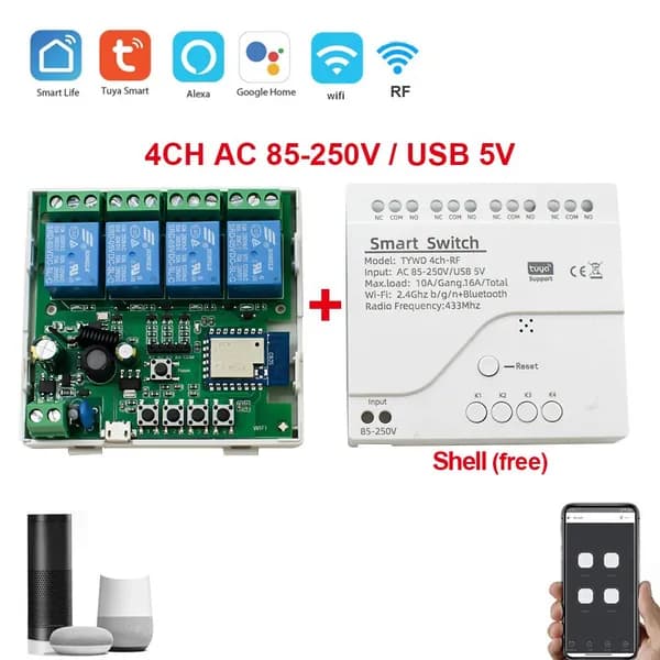 Модуль Tuya Wifi 4CH (80-250V) для управления бытовой техникой, дистанционно