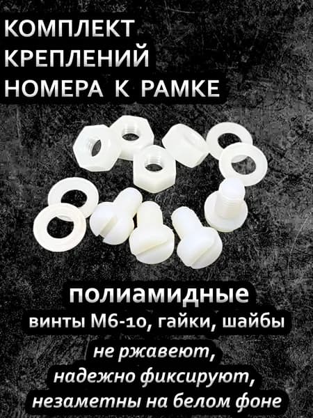 болты для номера нержавеющие, цвет: белый /кремовый (винты пр. шлиц М6-10 - 4шт, гайки - 4шт, шайбы - 4шт; нейлон/полиамид)