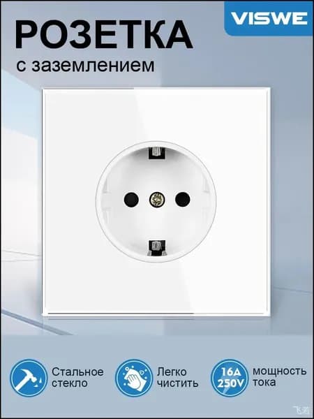 Эксклюзивная стеклянная рамка для одинарной розетки 250В 16А с заземлением, исполнение в белом цвете