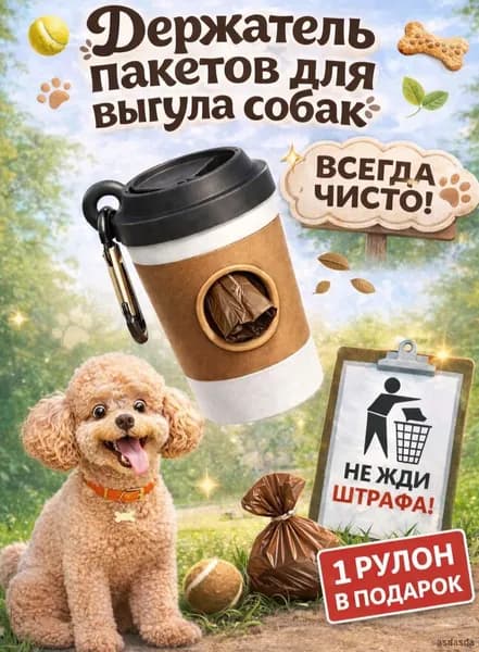 Держатель пакетов для выгула собак в виде стаканчика диспенсер с рулоном 15 гигиенических мешков бежевый