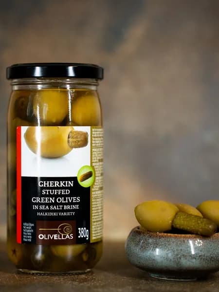 Оливки Греческие фаршированные корнишоном OLIVELLAS, 370 мл