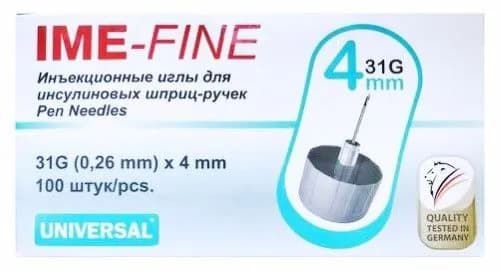 Иглы ime-fine универсальные инъекционные одноразовые для инсулиновых шприц-ручек 31g 0,26х4 мм 100 шт.