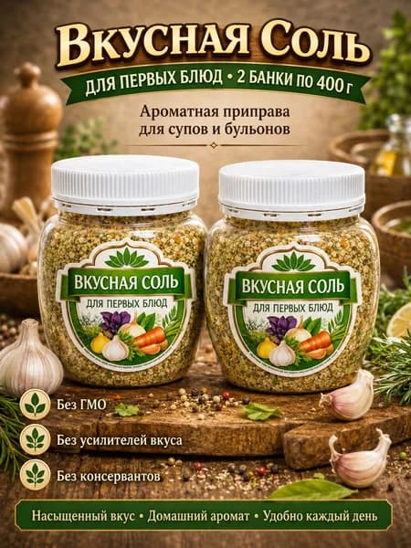 Вкусная соль для первых блюд 2 шт по 400 г, овощная приправа для борща, супа, бульона, щей и домашней кухни