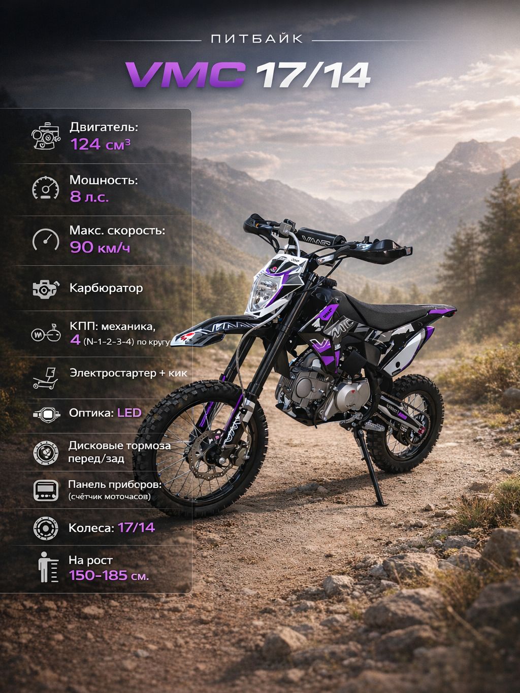 Питбайк VMC 17/14 Violet 124 см3 (эл.стартер), бензиновый, для соревнований