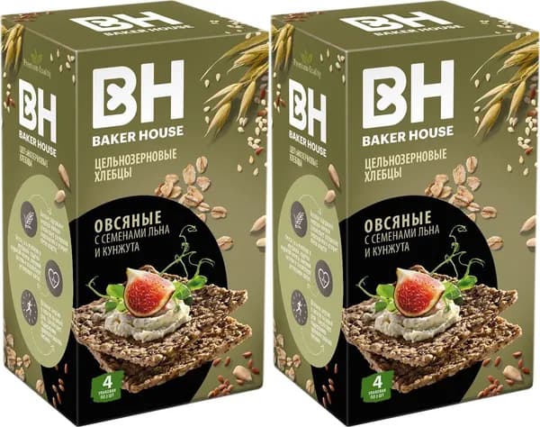 Хлебцы овсяные Baker House цельнозерновые лен-кунжут, комплект: 2 упаковки по 180 г
