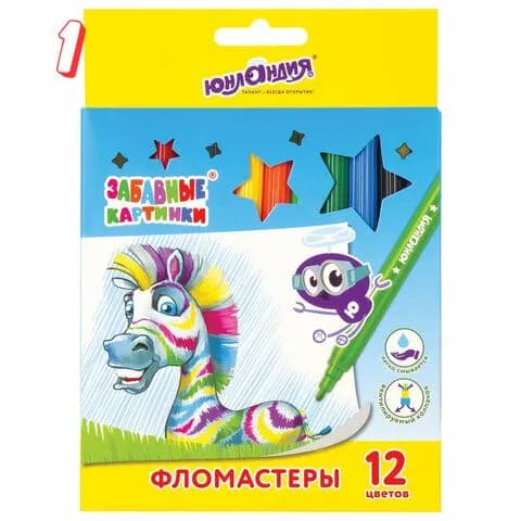 Фломастеры юнландия 12 цветов, забавные картинки, вентилируемый колпачок, картон, , (набор из 1 шт)