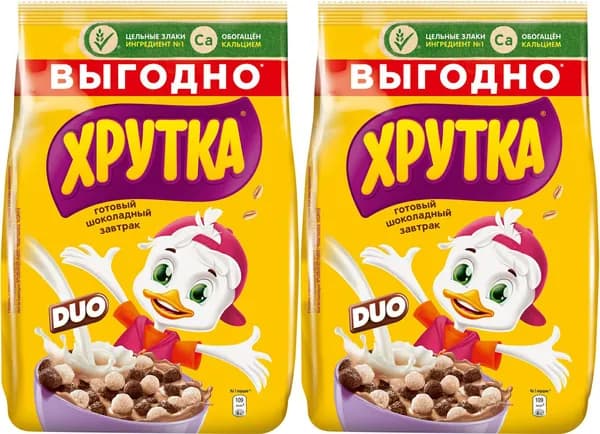 Сухой завтрак Хрутка Duo шоколадный обогащенный кальцием, комплект: 2 упаковки по 650 г