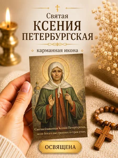 Карманная икона Блаженной Ксении Петербургской 5.5х8.5 см, ламинированная глянцевая, освящена, с молитвой