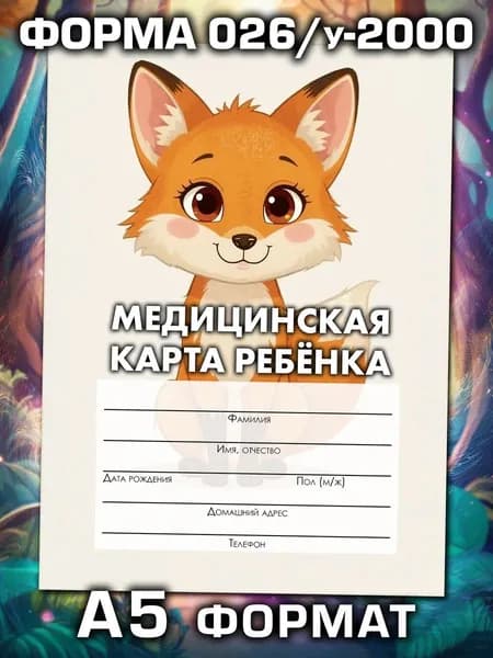 Медицинская карта 026/у-2000 Аурасо, медкарта в детский сад, школу и поликлинику, амбулаторная, формат А5