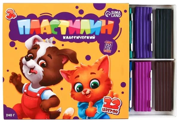 Пластилин для детей классический, набор для лепки, аппликации и детского творчества, 12 цветов, 240 г