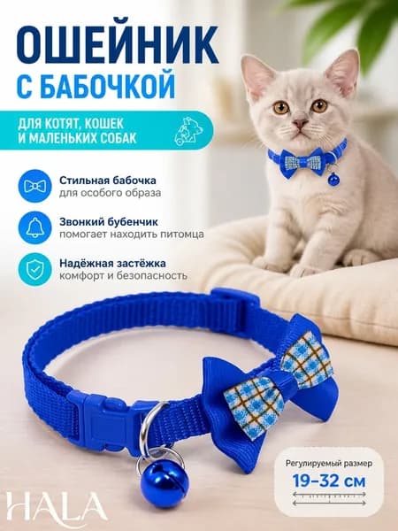 Ошейник для мелких пород собак и кошек синего цвета, с колокольчиком и декоративным бантом, нейлоновый