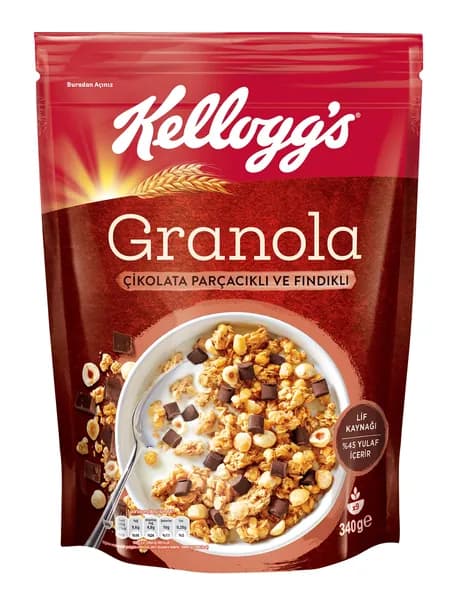 Мюсли Kellogg's с кусочками шоколада и фундуком, 44% овсянки, 11% бельгийского шоколада, источник клетчатки