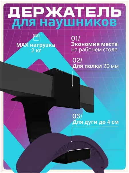 Держатель для наушников черный, вешалка, крючок для сумки, рюкзака на стол или полку толщиной 20 мм