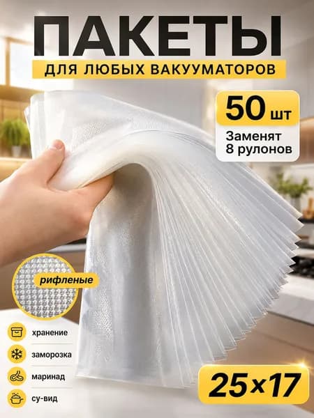 Пакеты для вакууматора рифленые, для хранения и заморозки продуктов, прозрачные 17х25 50штук
