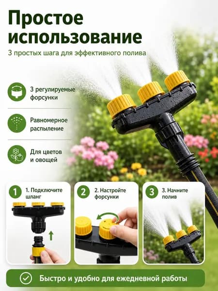 Насадка на шланг для полива 3 головки, регулируемая, для дачи, сада, газона, цветника