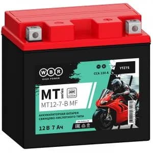 Мото аккумулятор стартерный WBR MT 12-7-B MF 12В 7Ач (12V 7Ah) полярность обратная 130A (YTZ7S-BS) AGM, аккумулятор для мотоцикла, мопеда, скутера, квадроцикла, снегохода