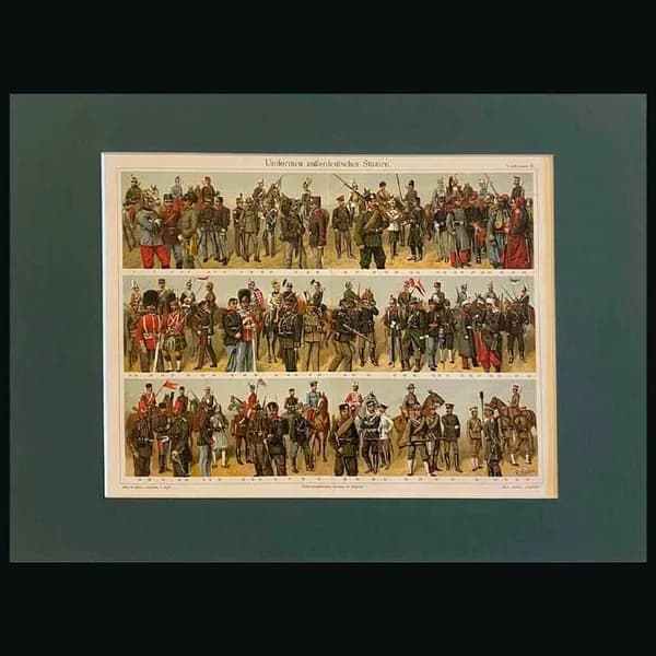 Антикварная гравюра 1899г. Униформа основных армий мира XIX В.