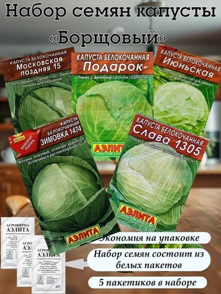 Капуста семена набор 5 сортов белокочанная, для квашения, для салатов Зимовка 1474, Июньская, Подарок, Слава 1305, Московская поздняя 15 Аэлита