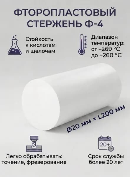 Фторопласт стержень, диаметр 20мм, длина 200мм