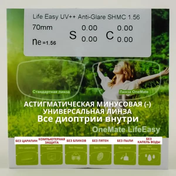 Линзы для очков, сфера -0.25 , цил -2.00 универсальные, защита от синего спектра, антибликовое, гидрофобное, олеофобное покрытие, Anti-Glare UV++ SHMC