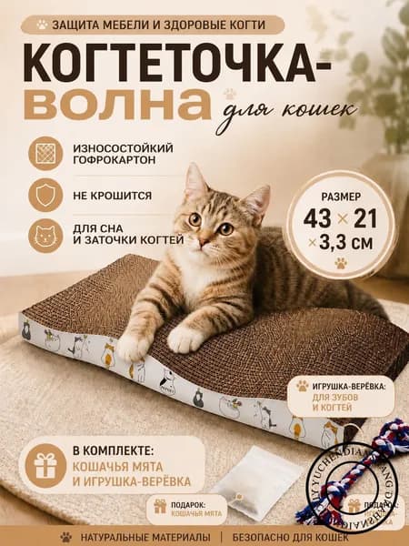 Качественная волновая когтеточка для кошек из картона, большая прямая конструкция с лежанкой и домиком, которая не сыпется, дополнена игрушками и кошачьей мятой в подарок