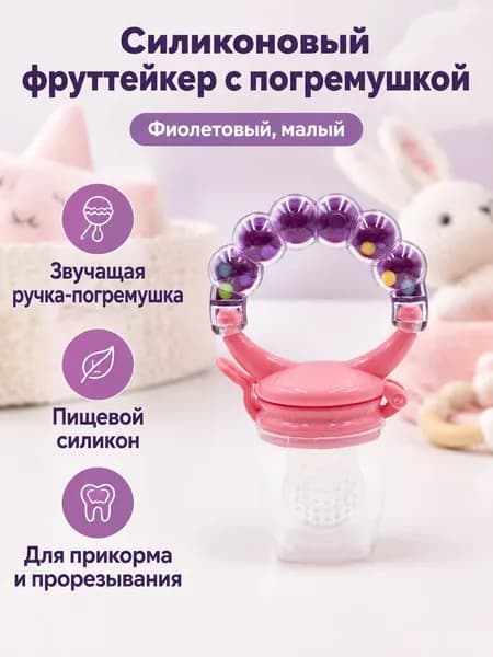 Соска-пустышка с погремушкой и сетчатым мешочком для фруктов, классическая форма, силикон, для детей от 0 месяцев: фиолетовая
